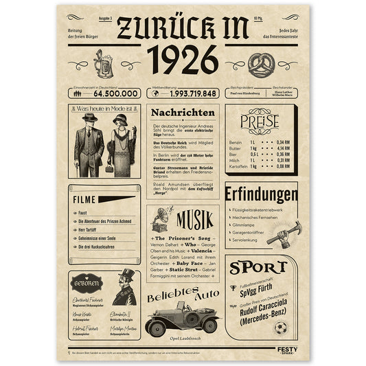 Geburtstagskarte zum 100. Geburtstag 1926 – Geschenk für Frauen und Männer