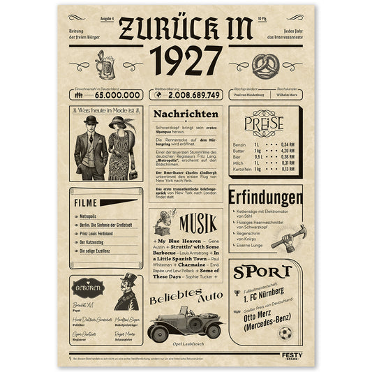 Geburtstagskarte zum 99. Geburtstag 1927 – Geschenk für Frauen und Männer
